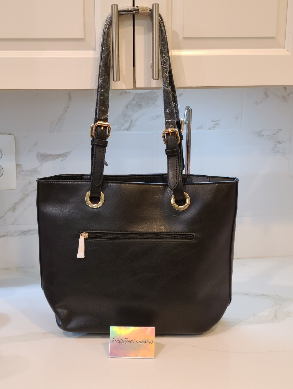 American Flag Tote Bag with Gold Charm - Black / Red / Cream - Picture 6 of 10